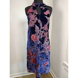 Y2K Velvet Halter Dress Blue Floral Burnout Keyhole Midi Slip Small